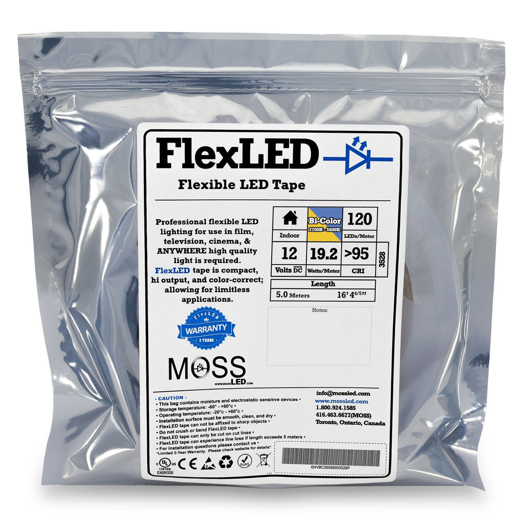 FlexLED Bi-Colour 2700K - 5600K 12V (CCT Adjustable) 120 LED/meter Indoor Bare end wires
